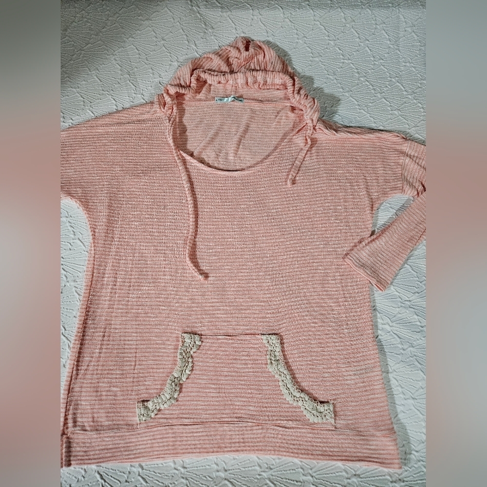 Maurices Light Pink Hooded Knit Top with Crochet Pocket Trim Size XL